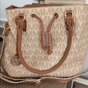MM Logo-Central Beige and Tan Drawstring Tote